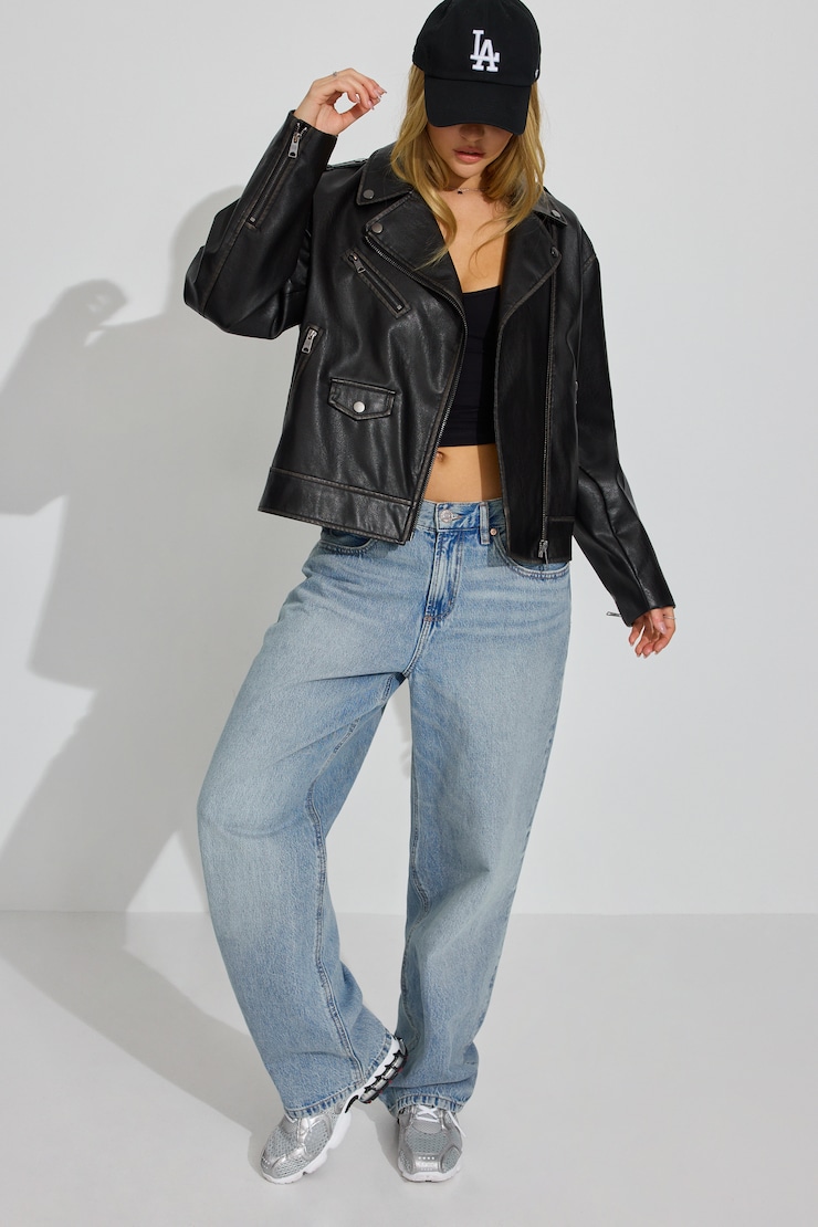 Washed Faux Leather Biker Jacket Black - Image 3