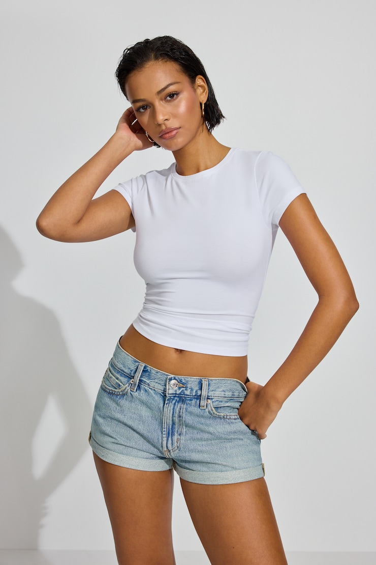 Low Rise Cuffed Denim Shorts BLUE - Image 5