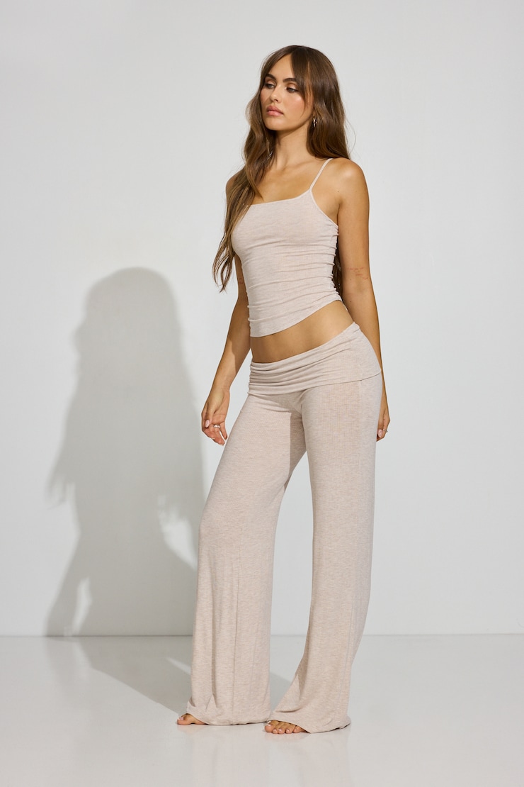 Sheer Ribbed Foldover Pants Beige - Image 2
