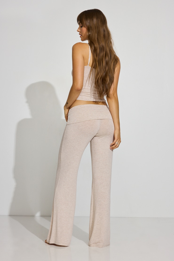 Sheer Ribbed Foldover Pants Beige - Image 3
