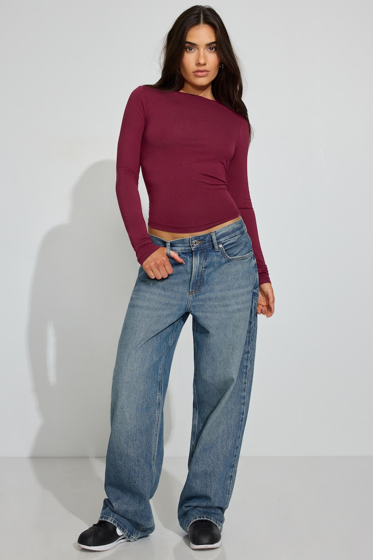 Smooth Long Sleeve Crewneck Top Burgundy - Image 2