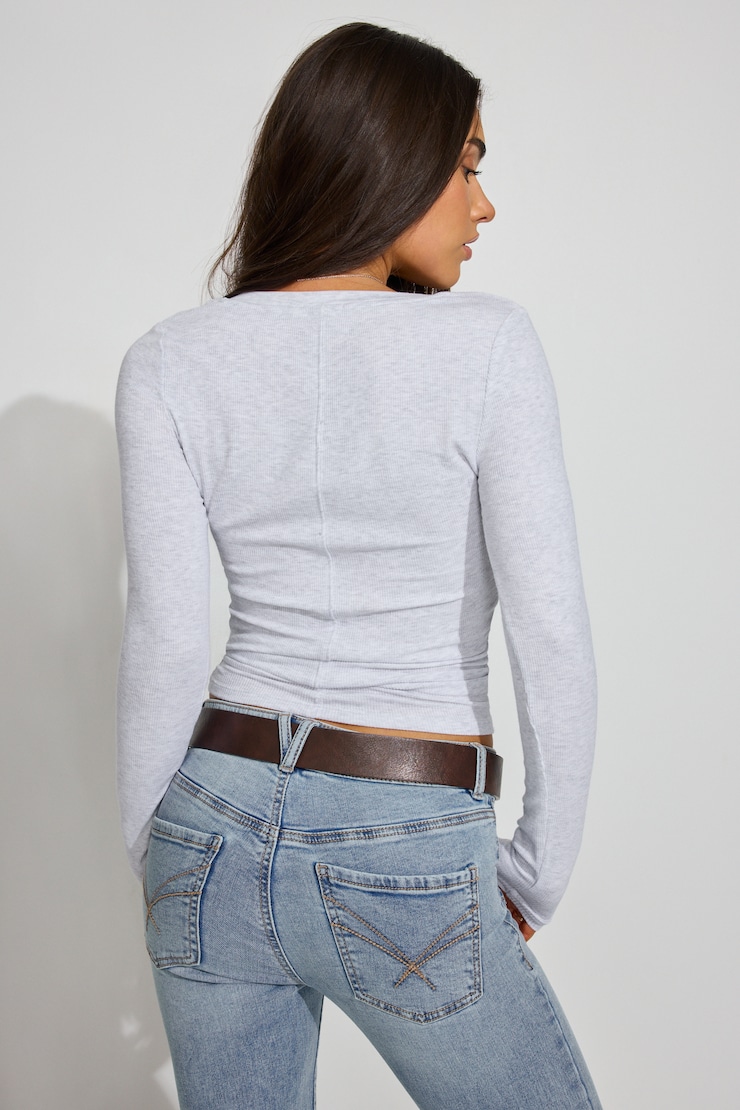 Serene Deep V-Neck Long Sleeve Top Gray - Image 3